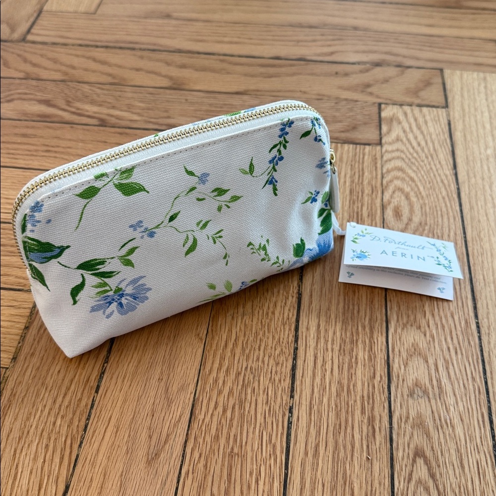 Aerin White Floral Cosmetic Pouch with Blue and Green Print